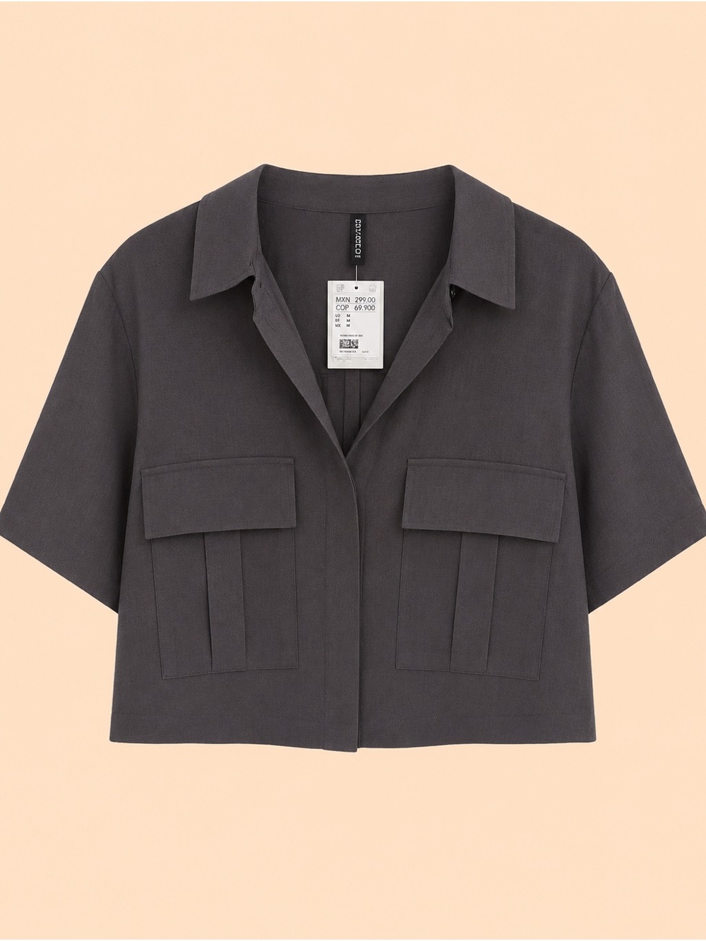 H&M Short-Sleeve Cropped Button-Down Shirt - Charcoal